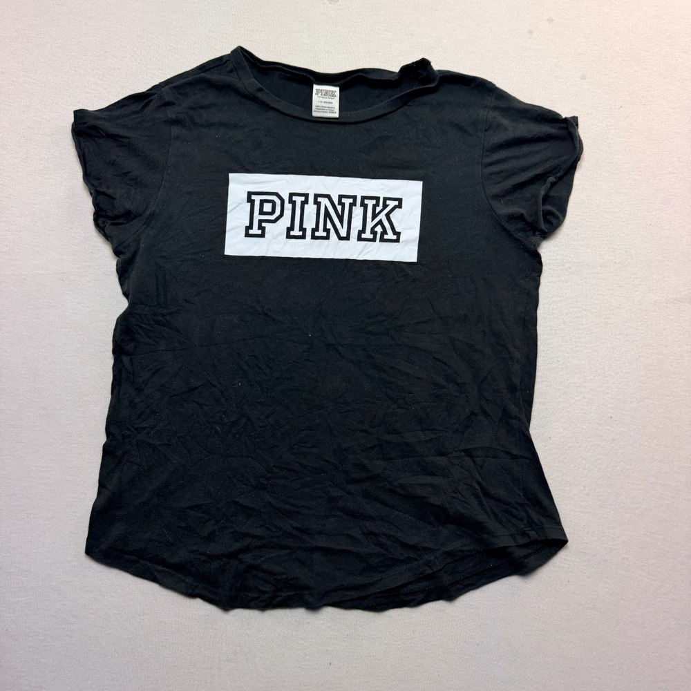 PINK Victoria's Secret T-Shirt Women Large Black Good Box Logo Graphic Tee